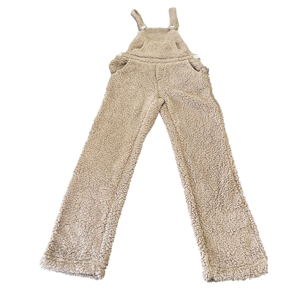 Womens Tan Cozy Sherpa Fleece Overalls Teddy Bib Dungarees Beige Size‎ Medium